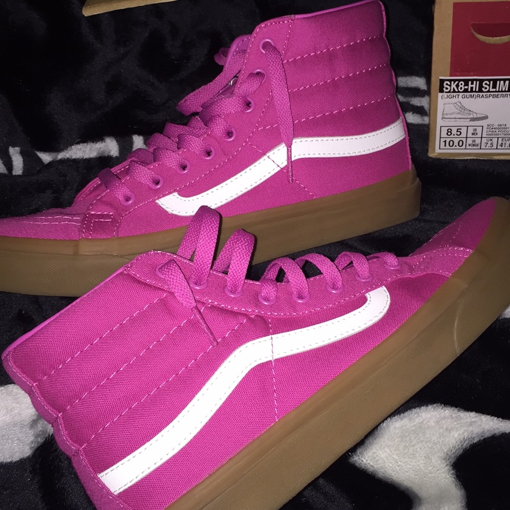 Pink raspberry sk8 hi slim vans with gum soles